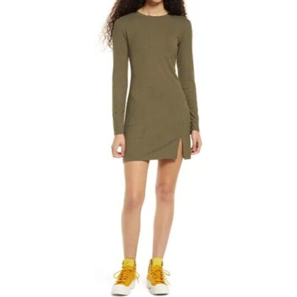 bp Dresses & Skirts - BP Women fitted ribbed olive dress BNWOT sz Xsmall front slit long sleeve